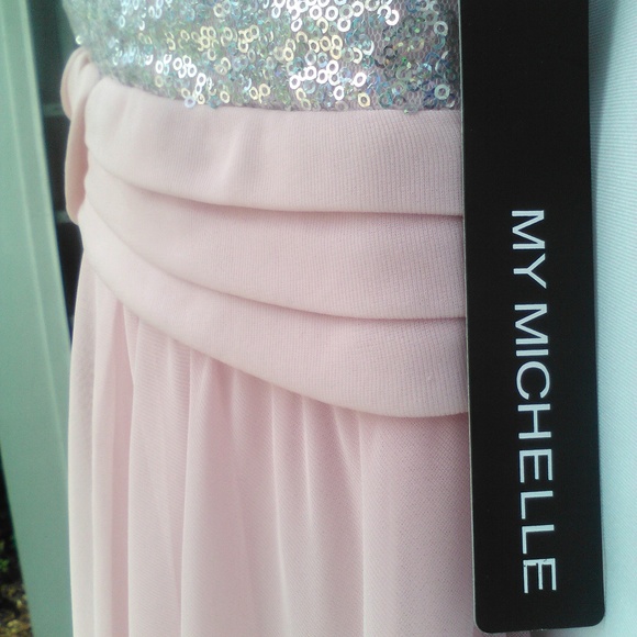 Formal Strapless Pink Sequin Full length Chiffon Gown Dress My Michelle Flowy - Picture 4 of 8